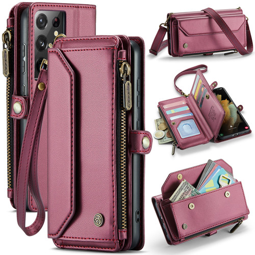 Samsung Galaxy S21 Ultra 5G CaseMe C36 Card Slots Zipper Wallet RFID Anti-theft Leather Phone Case - Wine Red